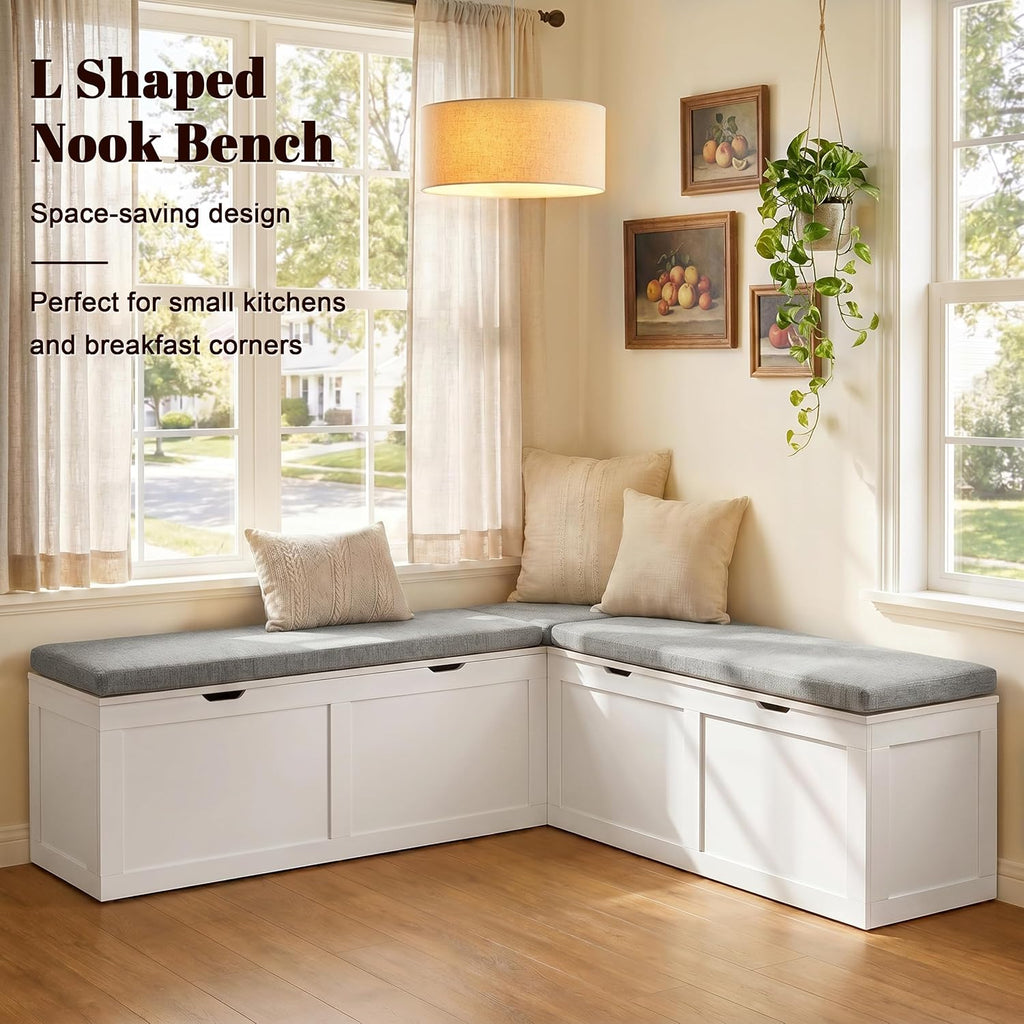 63” Breakfast Nook Bench, L Shaped Storage Bench with Cushion, White | Corner Bench for Kitchen Dining Room and Entryway, Space Saving Kitchen and Dining Nook Bench, Farmhouse Style