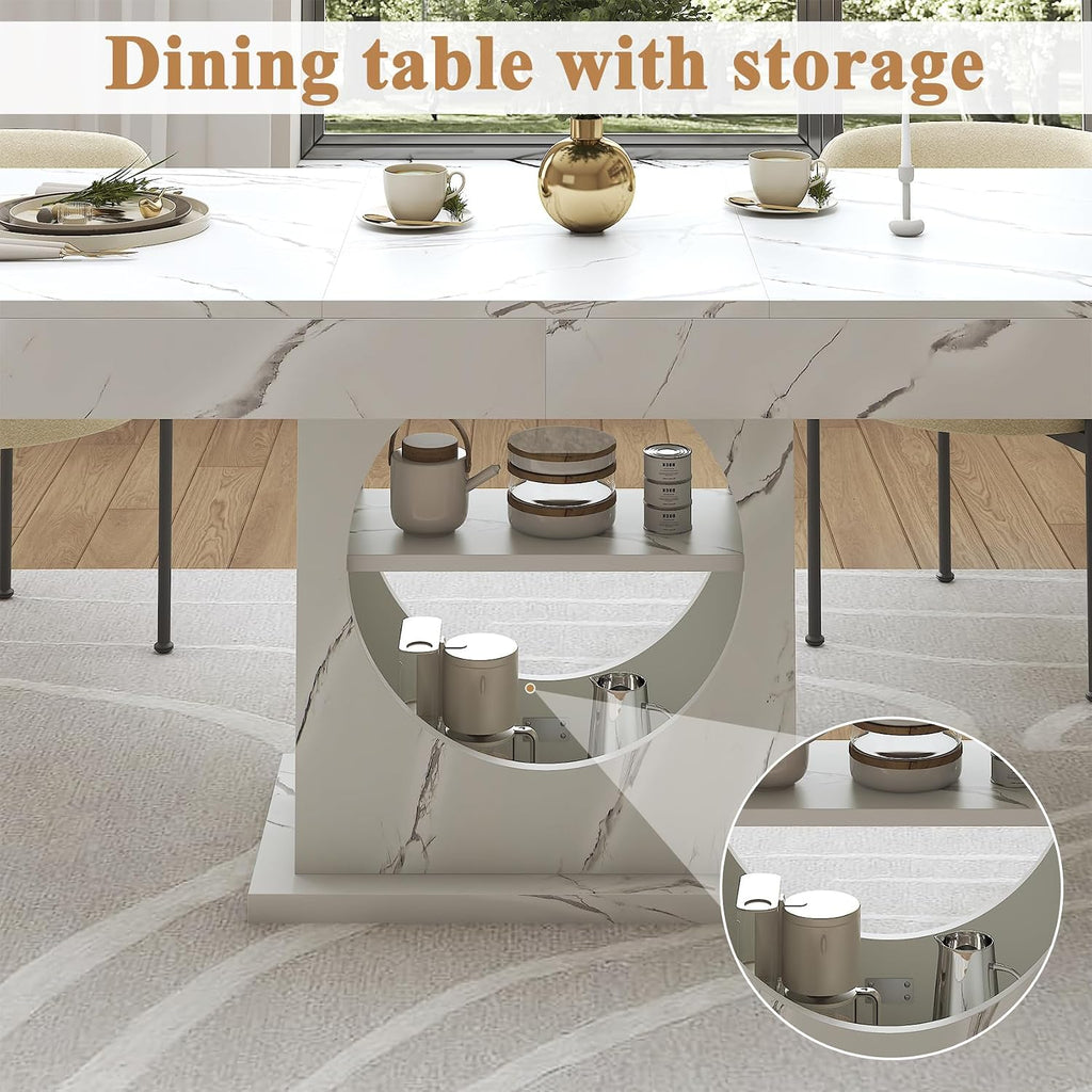 Dining Table for 4-6 People, 55 Inches Dinner Table with Drawers and Open Storage, Wooden Pedestal Base, Rectangular Farmhouse Kitchen Table for Kitchen, Living Room, Marble White