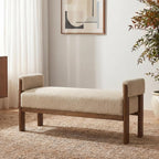 VKNOW 51.8”End of Bed Bench Upholstered Bedroom Bench with Arms, Brown | Solid Rubberwood Legs, Soft Fabric, Thickened seat cushion, Bedroom Living Room Entryway Dressing Areas, Easy to Assemble