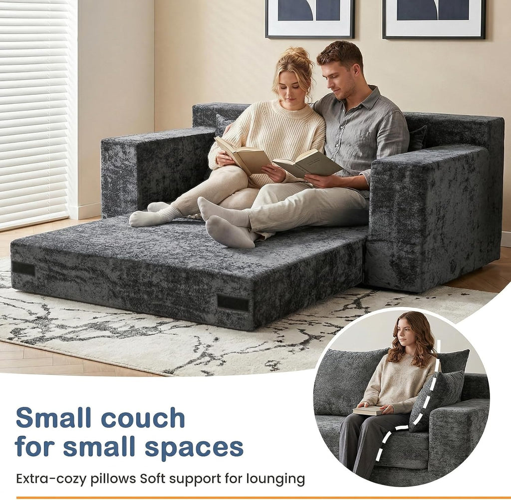 Couch Small, 3-in-1 Loveseat Sleeper Sofa Bed Convertible Sofa Bed with 4 Pillows, Black Couch for Living Room, Guest Room, Small Space