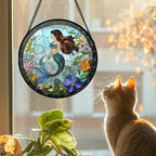 Stained Glass Window Hanging - Light Blue Mermaid Suncatcher for Door Terrace Garden Home Decor, Ocean Flowers Sun Catcher Birthday Gifts for Lovers Women Men Dad Mom Nana 11.8 in
