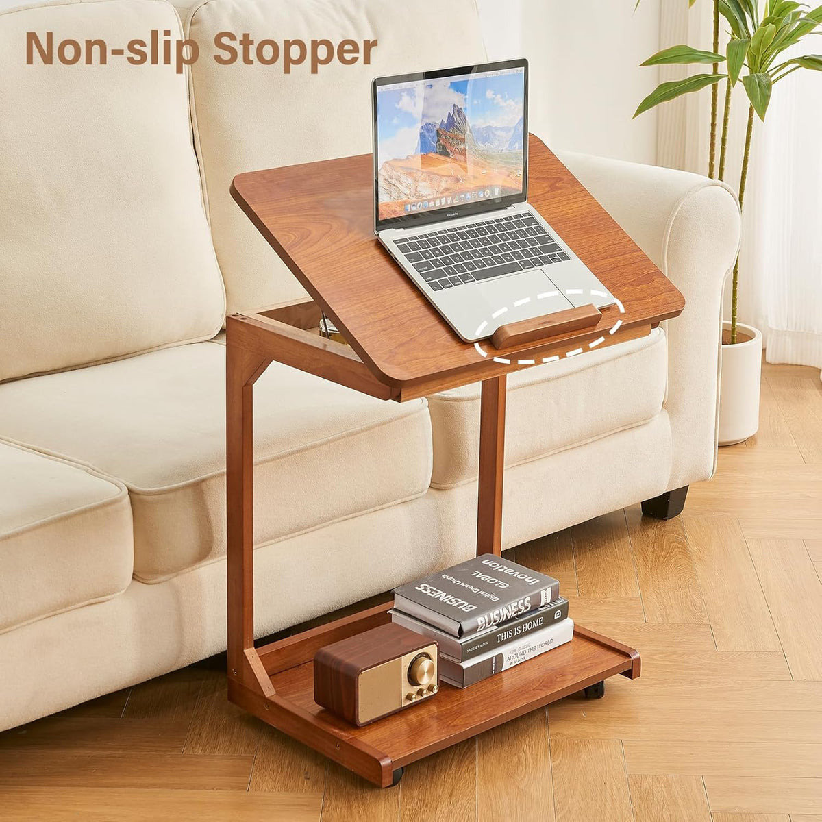 CozyDH Bedroom Side Table - Wooden End Tables Bedroom, C Shaped End Table with Wheels, Small Rolling Table for Bedside, Skinny Tray Desk for Sofa/Couch/Living Room, Teak