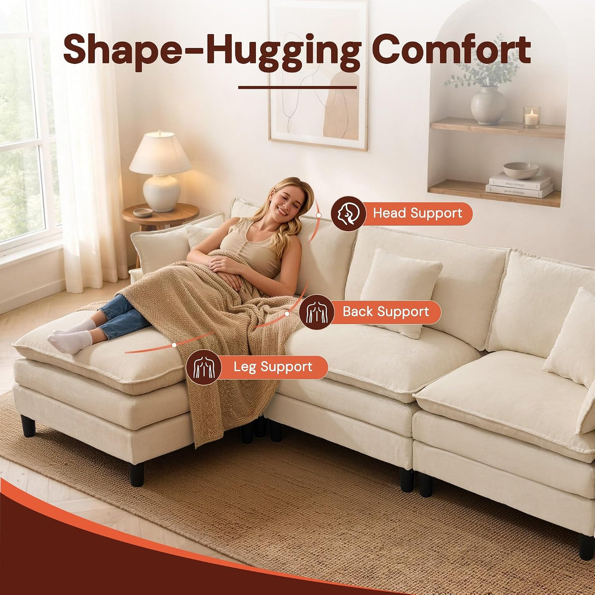 Korser 105" L-Shaped Modular Sectional Sofa, 3-Seater Cloud Couch with 1 Movable Ottoman, Modern Chenille Sofa Set with Removable Washable Pillows for Living Room, Bedroom, Apartment