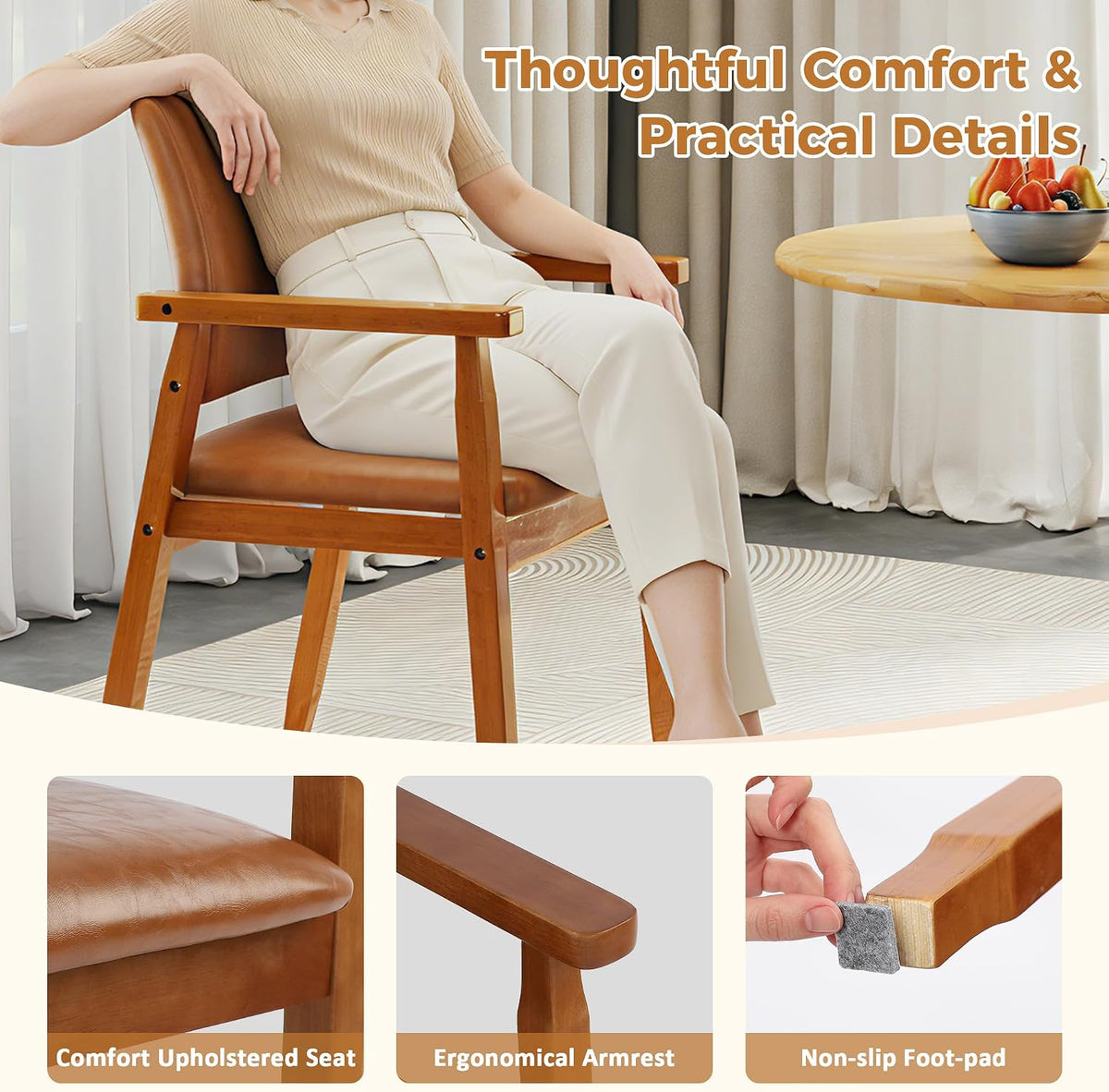 NOBPEINT Mid-Century Modern Dining Chairs with Armrest Set of 2, PU Leather Upholstered Dining Room Chairs with Solid Wood Frame, Walnut Kitchen Armchairs for Kitchen Living Room Restaurant, Brown