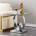Modern Square End Table for Living Room, Tempered Glass Top & Moon Shape Stainless Steel Base, Luxury Glass Sofa Side Bedside Table, Night Stand, Small Accent Table, Silver