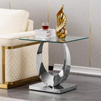 Modern Square End Table for Living Room, Tempered Glass Top & Moon Shape Stainless Steel Base, Luxury Glass Sofa Side Bedside Table, Night Stand, Small Accent Table, Silver