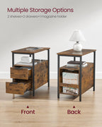 VASAGLE Side End Table with Charging Station, Slim Nightstand with 2 Drawers, Narrow Bedside Table for Living Room, Small Spaces, Rustic Brown and Ink Black ULET321B01V1S