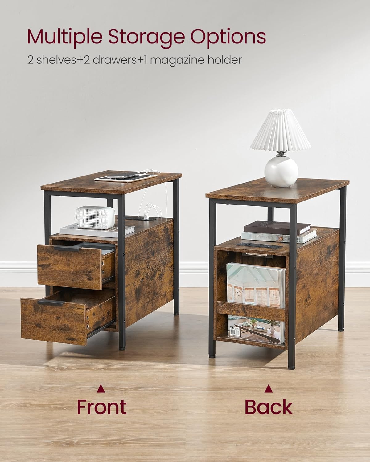 VASAGLE Side End Table with Charging Station, Slim Nightstand with 2 Drawers, Narrow Bedside Table for Living Room, Small Spaces, Rustic Brown and Ink Black ULET321B01V1S