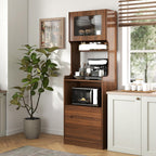 Farmhouse Kitchen Pantry Storage Cabinet with Microwave Stand - Freestanding Buffet Hutch Sideboard with 2 Drawers, Open Coffee Bar Shelf & Cable Hole, Wood Buffet Server for Dining Room & Kitchen