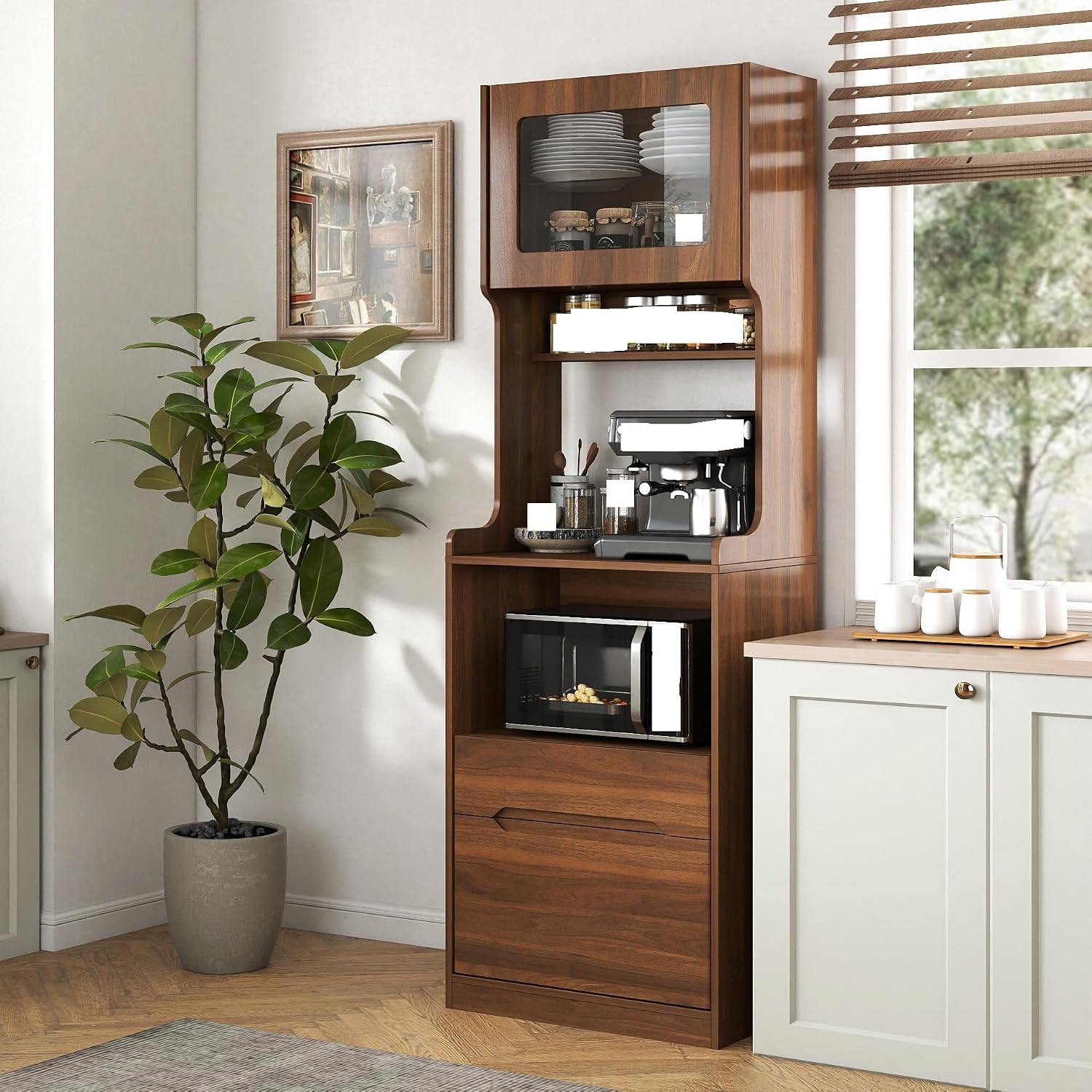 Farmhouse Kitchen Pantry Storage Cabinet with Microwave Stand - Freestanding Buffet Hutch Sideboard with 2 Drawers, Open Coffee Bar Shelf & Cable Hole, Wood Buffet Server for Dining Room & Kitchen