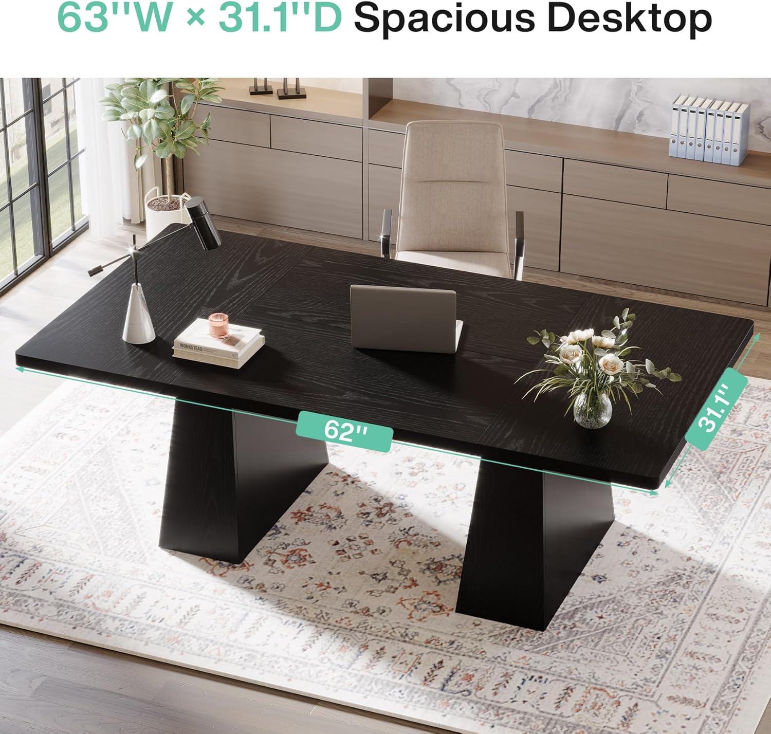 Tribesigns 63-Inch Executive Desk, Large Office Computer Desk with Double Pedestal, Modern Workstations Writing Table Conference Table Business Furniture for Home Office, Black