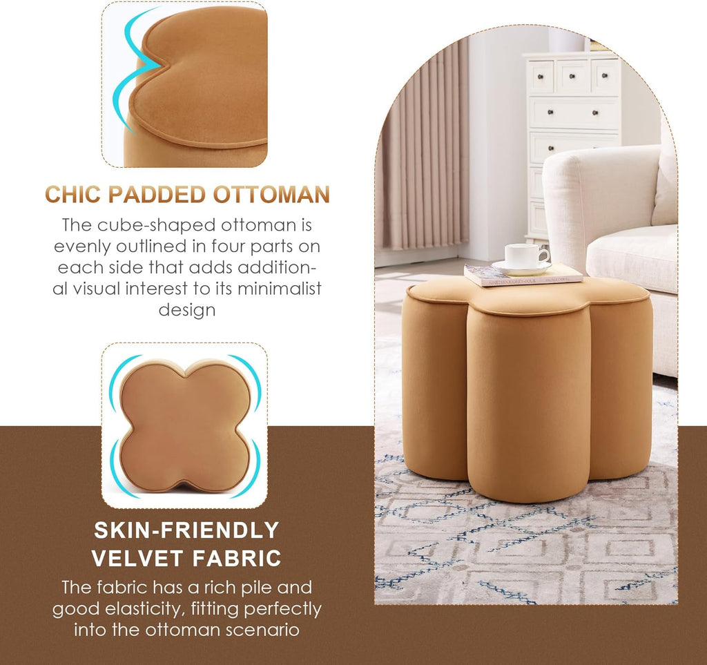 Zesthouse Flower Pouf Ottoman Foot Rest, Velvet Fabric Poofy Ottoman Footstool for Couch Sofa, Modern Living Room Stool Seat for Under Entry Table, Cute Square Vanity Stool for Bedroom Dorm, Camel