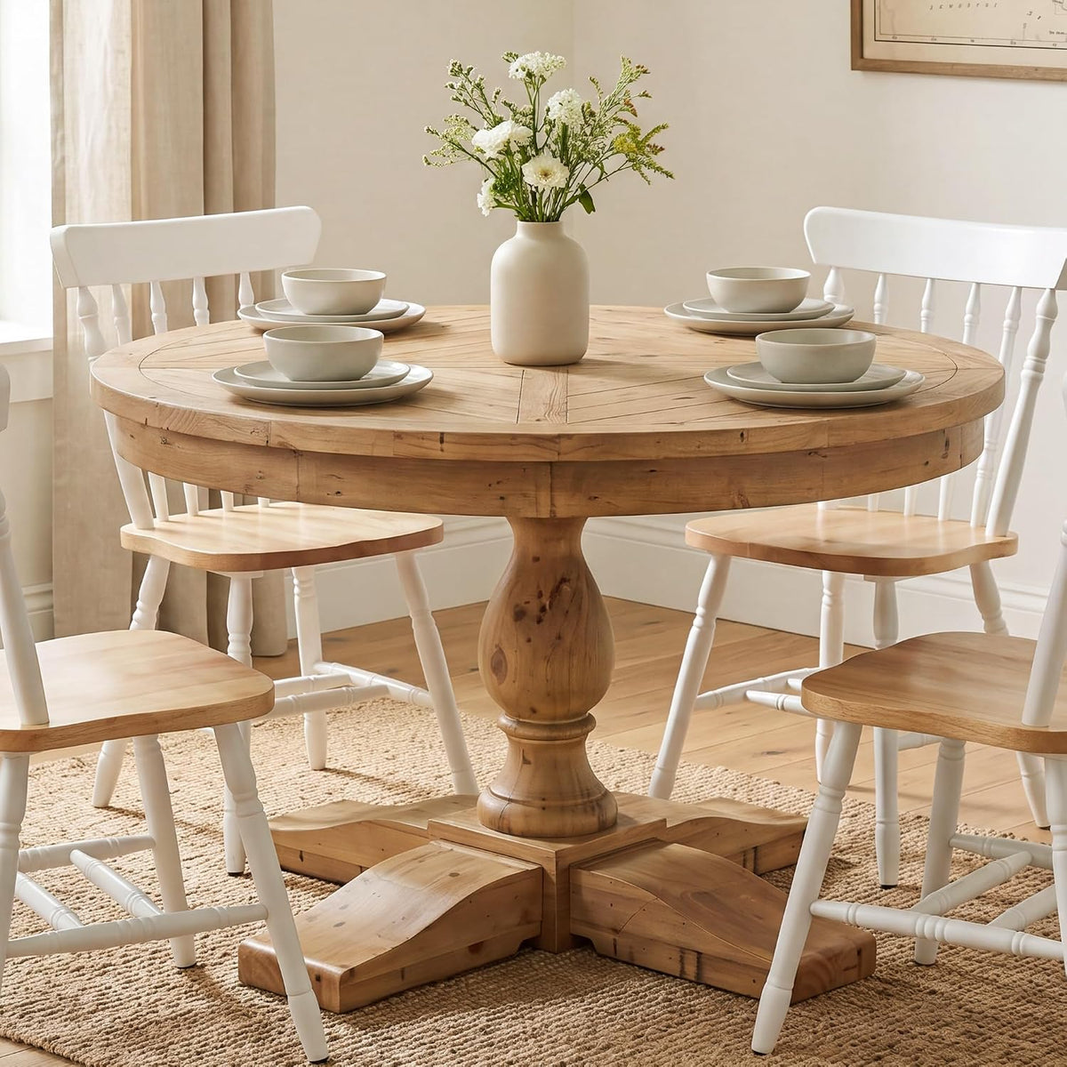 47" Round Dining Table with Wooden Pedestal Base, Reclaimed Pine Wood Dinner Table for 4, Heavy Duty Pedestal Table for Kitchen/Dining Room/Living Room/Restaurant, Natural