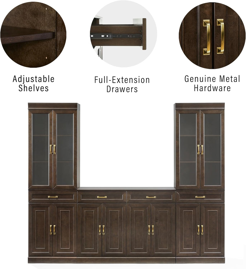 Crosley Furniture Stanton 3-Piece Sideboard Buffet Cabinet and Glass Door Kitchen Storage Pantry Set, Coffee