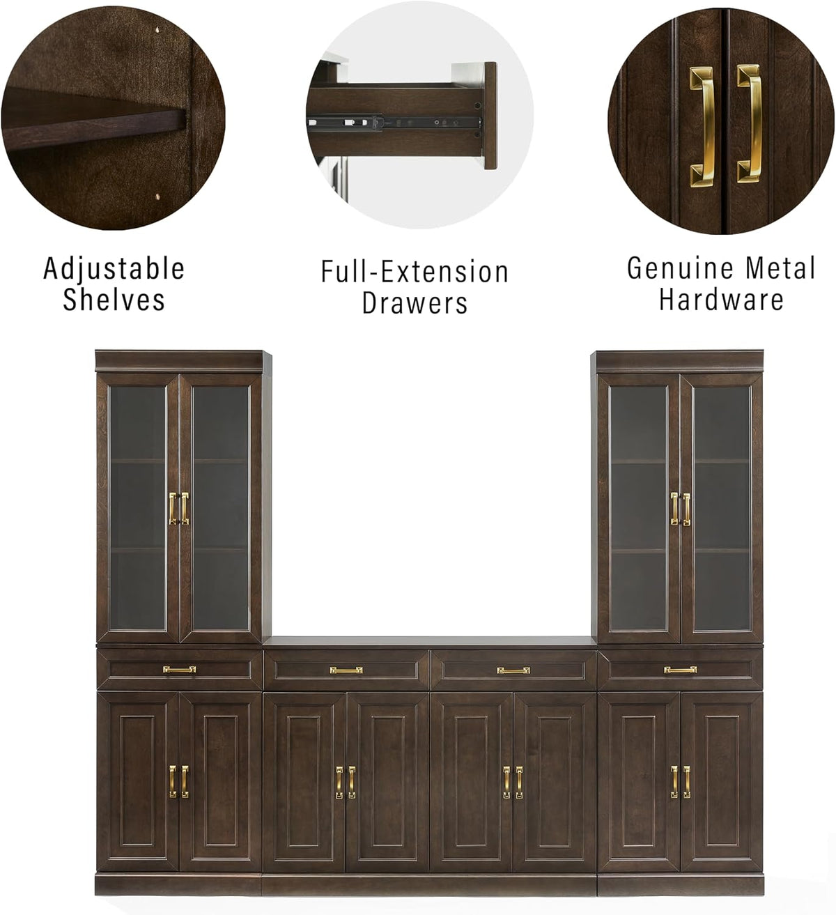 Crosley Furniture Stanton 3-Piece Sideboard Buffet Cabinet and Glass Door Kitchen Storage Pantry Set, Coffee