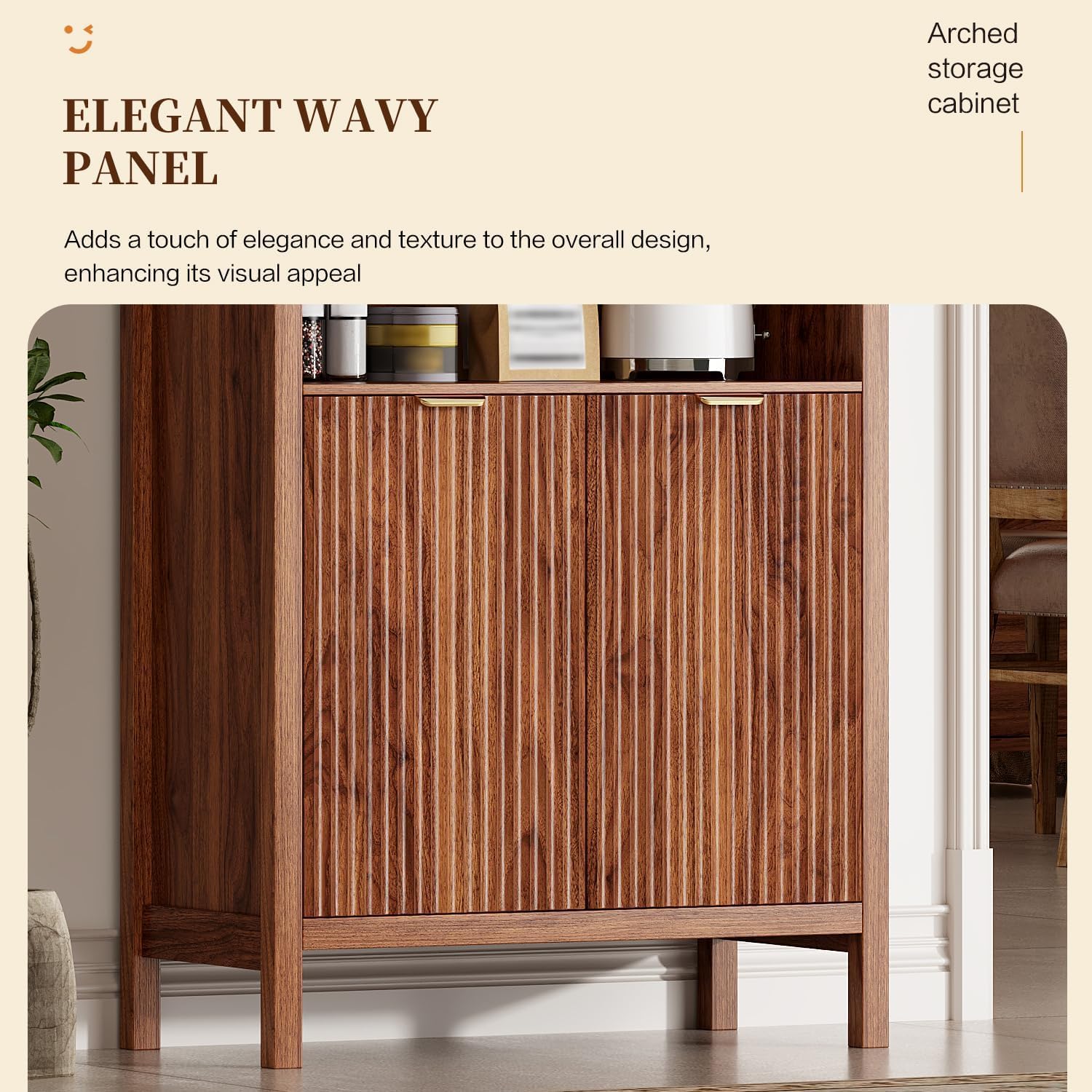 Ieejdn 71" Tall Arched Kitchen Pantry,Modern Fluted Wood Storage Cabinet with Doors,Adjustable Shelves,Organizer, Versatile Cupboard for Kitchen,Living Room,Dining Room,Bathroom,Walnut