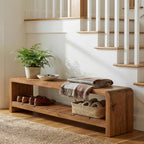 Solid Wood Entryway Bench with Shoe Storage, 59.06-Inch Long Shoe Bench with Open Shelf, Farmhouse End of Bed Seating for Hallway, Foyer, Bedroom, Walnut Brown