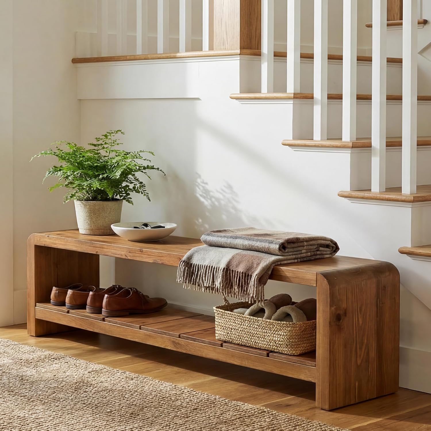 Solid Wood Entryway Bench with Shoe Storage, 59.06-Inch Long Shoe Bench with Open Shelf, Farmhouse End of Bed Seating for Hallway, Foyer, Bedroom, Walnut Brown