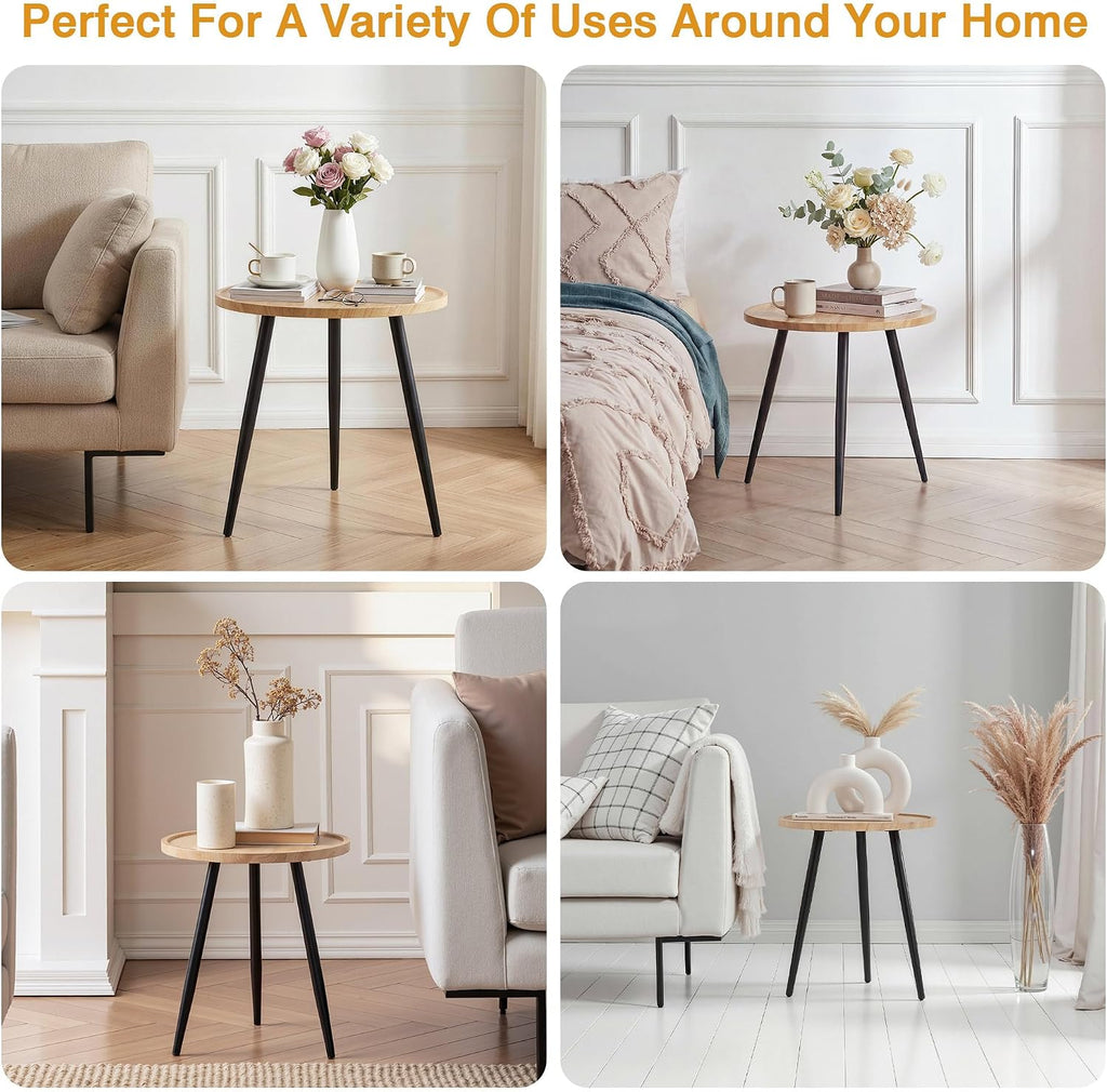 VECELO Modern Side Table, Round Small End Table, Exclusively Designed Hand-Crafted Small Nightstand, Solid Wood,Oak top with Black Metal Legsfor Bedrooms, Living Rooms, 2-Pack