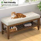 REONEY 43" End of Bed Bench, Upholstered Bedroom Storage Ottoman Bench, Entryway Shoe Bench, Padded Window Seat with Solid Wood Legs, for Living Room, Hallway, Beige Linen