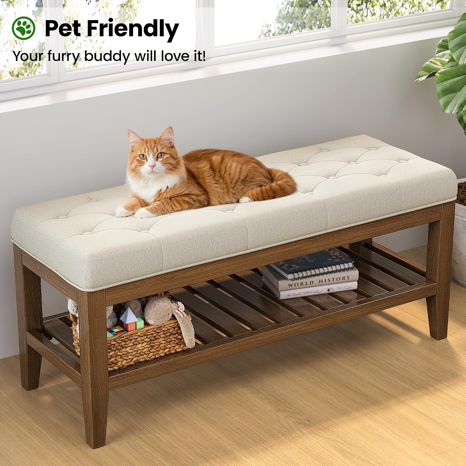 REONEY 43" End of Bed Bench, Upholstered Bedroom Storage Ottoman Bench, Entryway Shoe Bench, Padded Window Seat with Solid Wood Legs, for Living Room, Hallway, Beige Linen