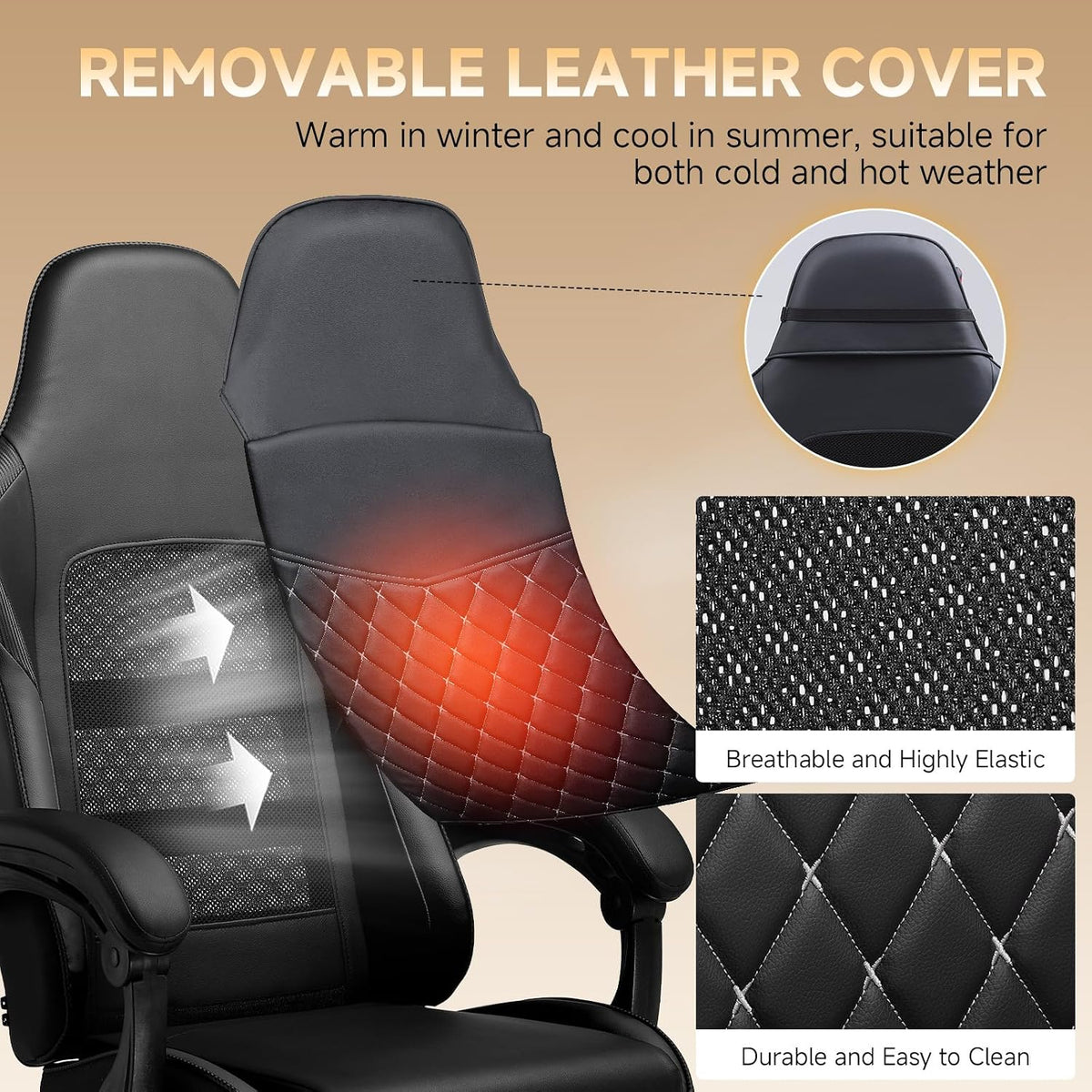 GTPLAYER Gaming Chair, High Back Leather Computer Gaming Chair with Footrest, Ergonomic Height Adjustable Office Chair with Removable Cover and Lumbar Support for Gaming & Work,Black