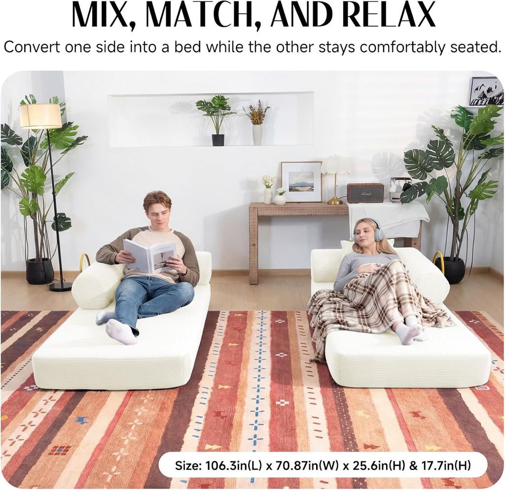 79" Corduroy Sofa Bed, Couch in a Box with 2 Pillows, High-Density Foam 4-in-1 Foldable Sleeper Futon Loveseat for Small Spaces, No Assembly, Side Pockets, Hex Arm White