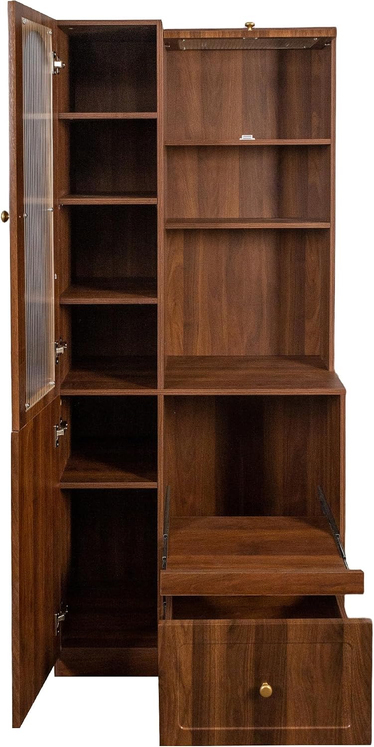Pantry Cabinet, 71" Kitchen Buffet Hutch with Fluted Glass & Pull-Out | Multi-tier storage with fluted glass door, pull-out shelf & deep drawer for kitchen, dining room & coffee bar organizing
