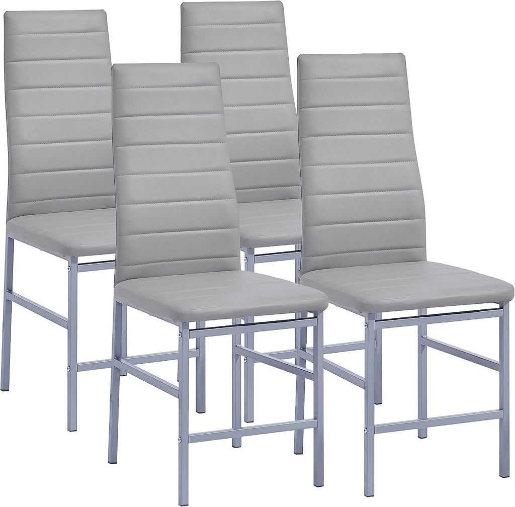 5 Pieces Round Dining Room Set for 4 Contemporary Glass Kitchen Table with 4 PU Chairs Set Compact Silver Legs Glass Table with Grey Chairs Set for Small Space/Apartment