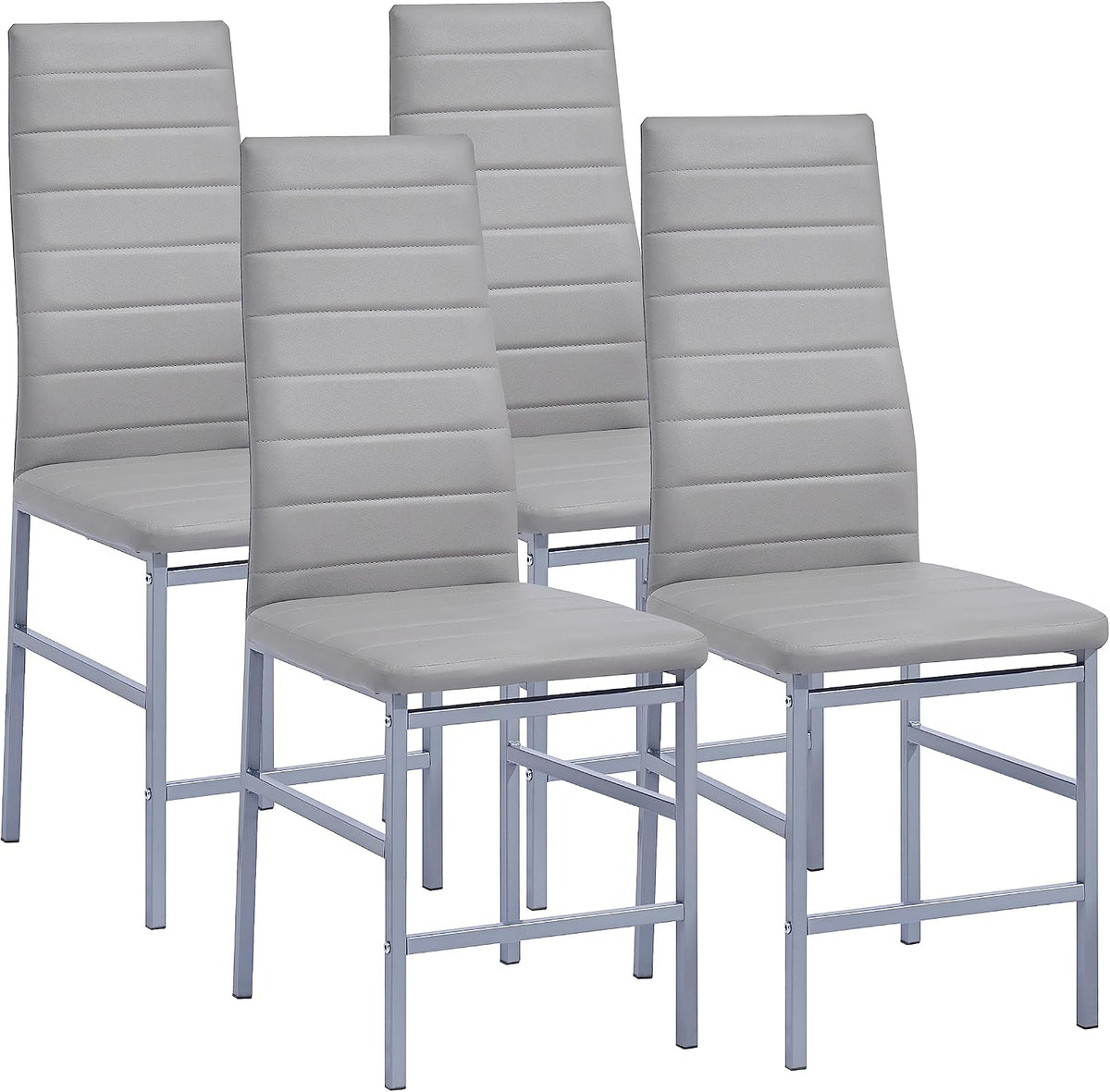5 Pieces Round Dining Room Set for 4 Contemporary Glass Kitchen Table with 4 PU Chairs Set Compact Silver Legs Glass Table with Grey Chairs Set for Small Space/Apartment