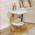Tribesigns Round End Table, 2-Tier Modern Wood Side Table with Shelf Storage, Faux Marble Sofa Side Bedside Nightstand, Arc-Shaped Frame Accent Furniture for Living Room, Gold & White