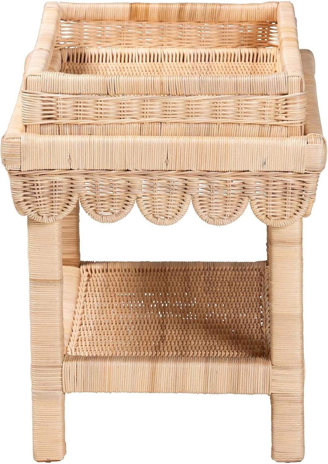 Bali & pari Weyman Scalloped Rattan End Table with Removable Tray Top - Handwoven Rattan Accent Table with Shelf, Coastal Boho Style Side Table for Living Room or Bedroom