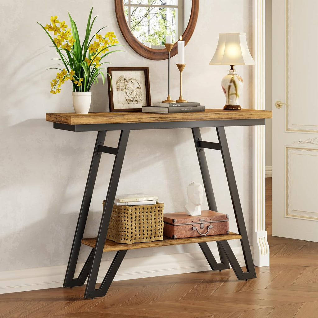 Console Table for Entryway, Space Saving Small Entryway Table with Open Shelves, Narrow Sofa Table Behind Couch for Living Room, Hallway, Easy Assembly, Wooden Top, Rustic Brown