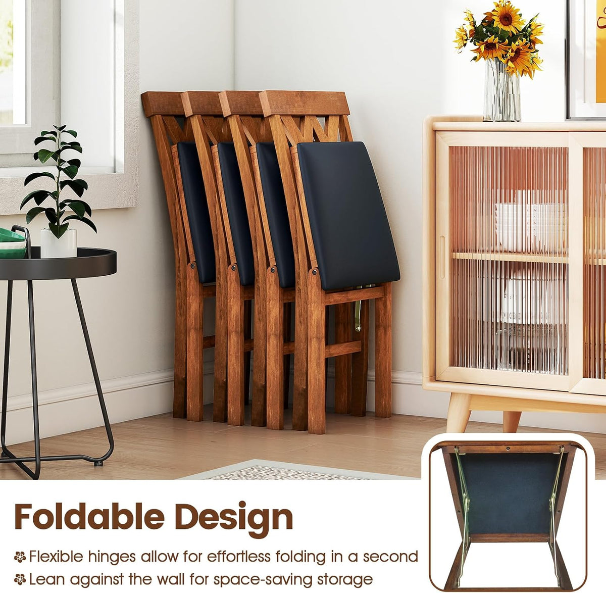 GIANTEX Folding Dining Chairs Set of 2, Farmhouse Upholstered Kitchen Chair | Wooden Dining Room Chairs w/Rubber Wood Frame, PVC Leather Seat, Hollowed Curved Backrest, Foldable Chair for Home Restaurant