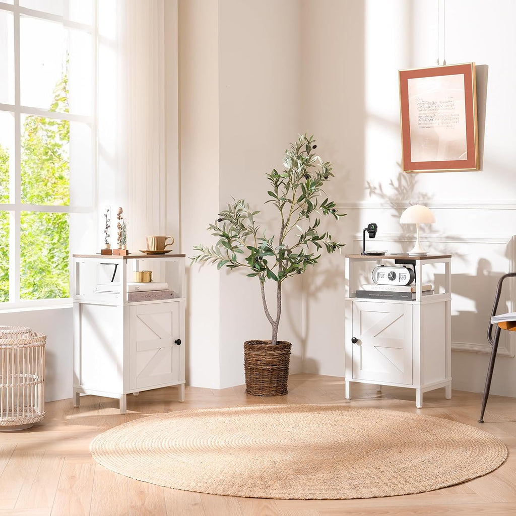 Yoobure Farmhouse NightStand with Charging Station，Wood Night Stand End Table with USB Ports, LED Bed Side Table with Storage Cabinet，Bedside Table for Bedroom, Living Room White