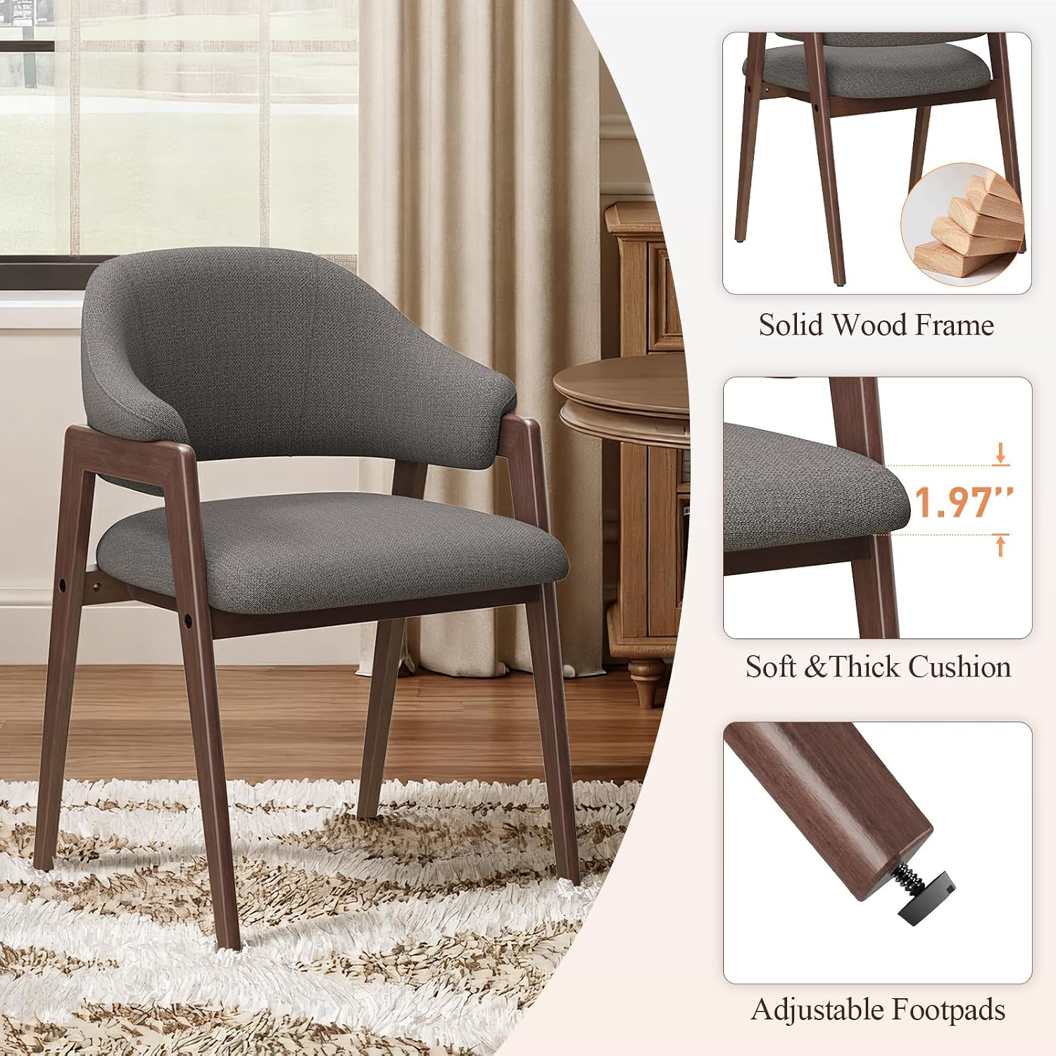MALOL Wooden Dining Chairs Set of 4, Modern Fabric Upholstered Dining Room Chair, Kitchen Side Chairs, Farmhouse Dinner Chair with Curved Open Back for Kitchen, Grey