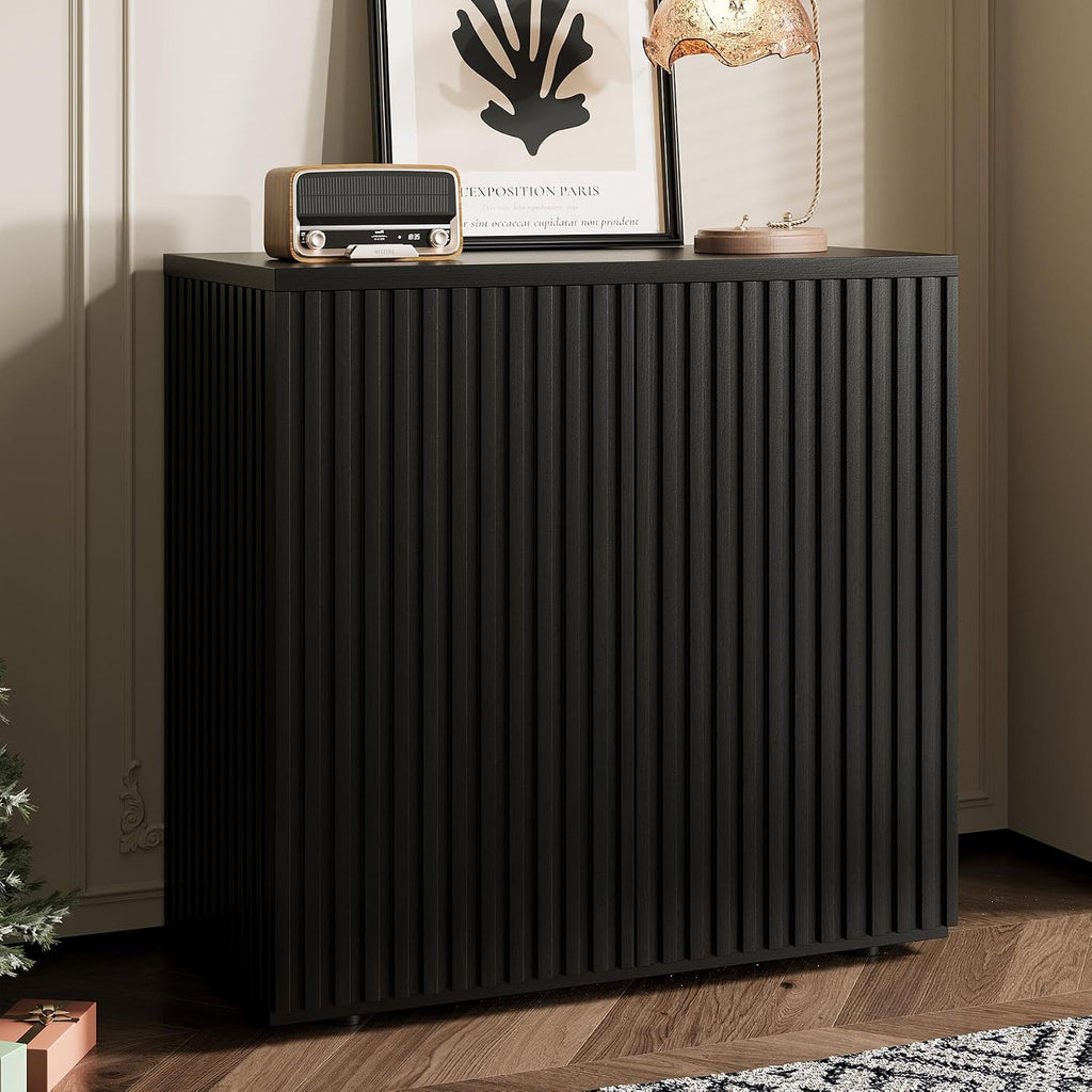 Rophefx Fluted Sideboard Cabinet, Buffet Cabinet with Storage, Credenza Storage Cabinets with Adjustable Shelf, Wood Entryway Cabinets with Pop-up Doors for Living Room, Entryway, Hallway, Black