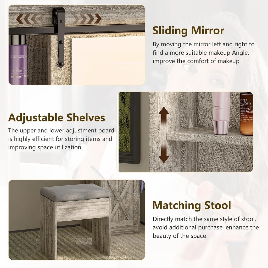 Farmhouse Vanity Desk with Mirror and Lights, 42” Makeup Vanity with Charging Station, 4 Drawers & Adjustable Shelves, Oak