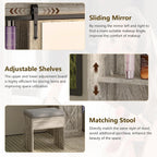 Farmhouse Vanity Desk with Mirror and Lights, 42” Makeup Vanity with Charging Station, 4 Drawers & Adjustable Shelves, Oak