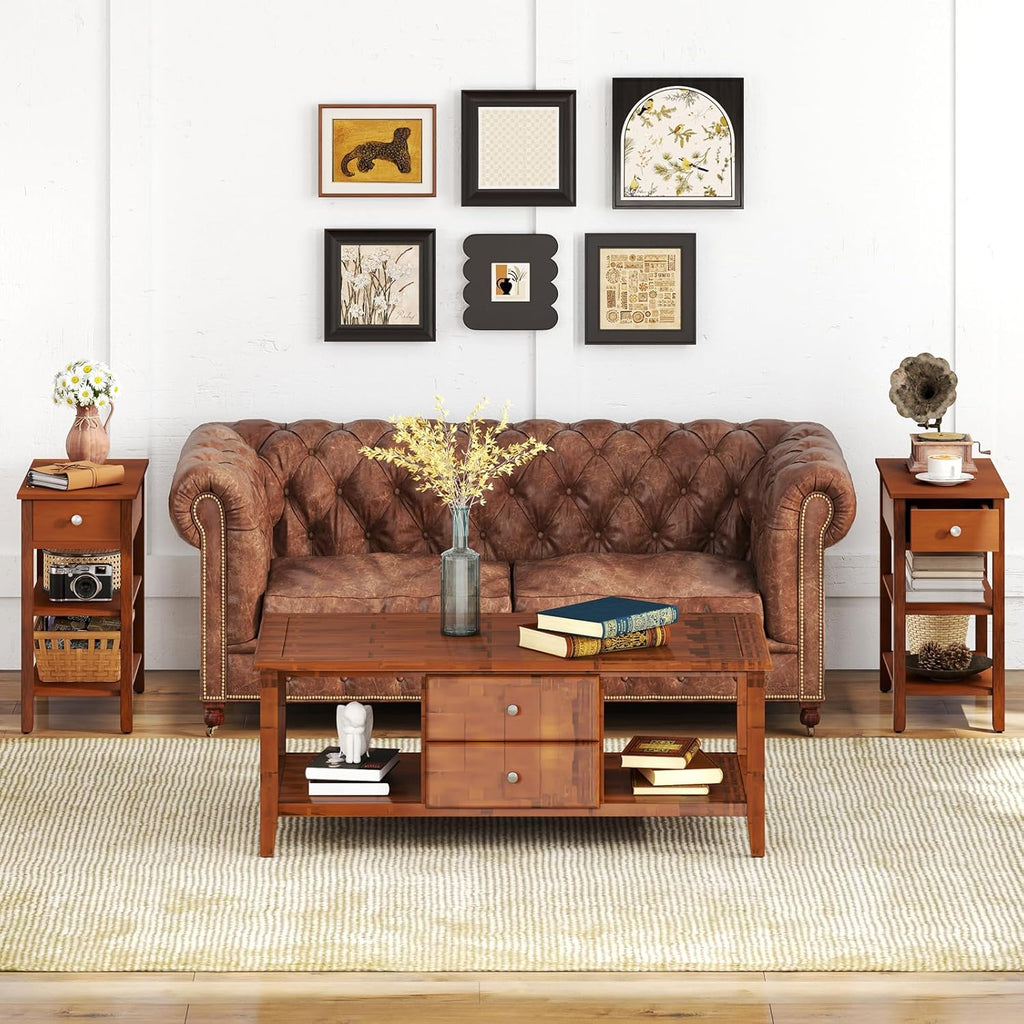 Giantex Narrow End Table, Farmhouse Side Tables with Drawer & Storage Shelves, Wood Sofa Side Tables, 3-Tier Nightstands for Small Space, Living Room, Bedroom, 23.5" L x 12" W x 24.5" H, Brown