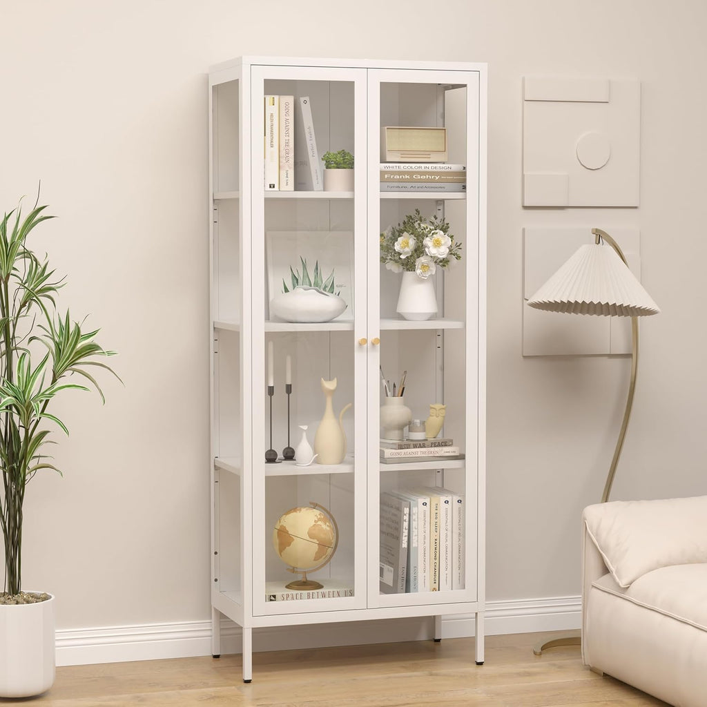 SteeLoong 66" Display Cabinet with Tempered Glass,Metal Curio Cabinet with Glass Doors,4-Tier Display Case for Collectibles,Trophy,Plant,White Storage Cabinets for Living Room - Assemble Required