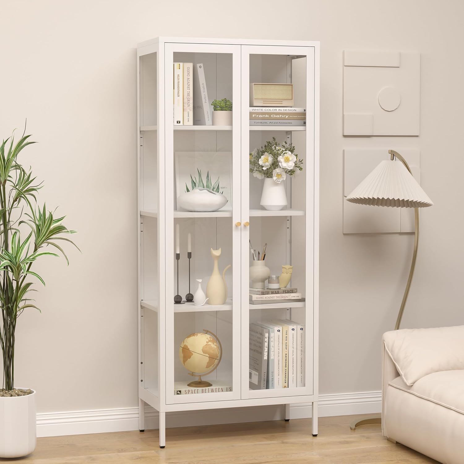 SteeLoong 66" Display Cabinet with Tempered Glass,Metal Curio Cabinet with Glass Doors,4-Tier Display Case for Collectibles,Trophy,Plant,White Storage Cabinets for Living Room - Assemble Required