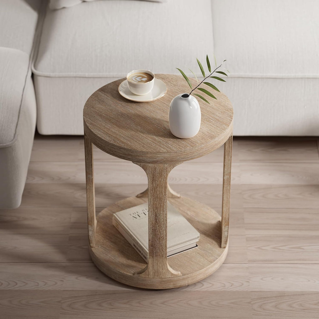 COZAYH Farmhouse Small End Table Wood Round Side Table for Small Space Rustic Pedestal Table for Living Room, Office, Couch, Distressed Wood Grey Finish