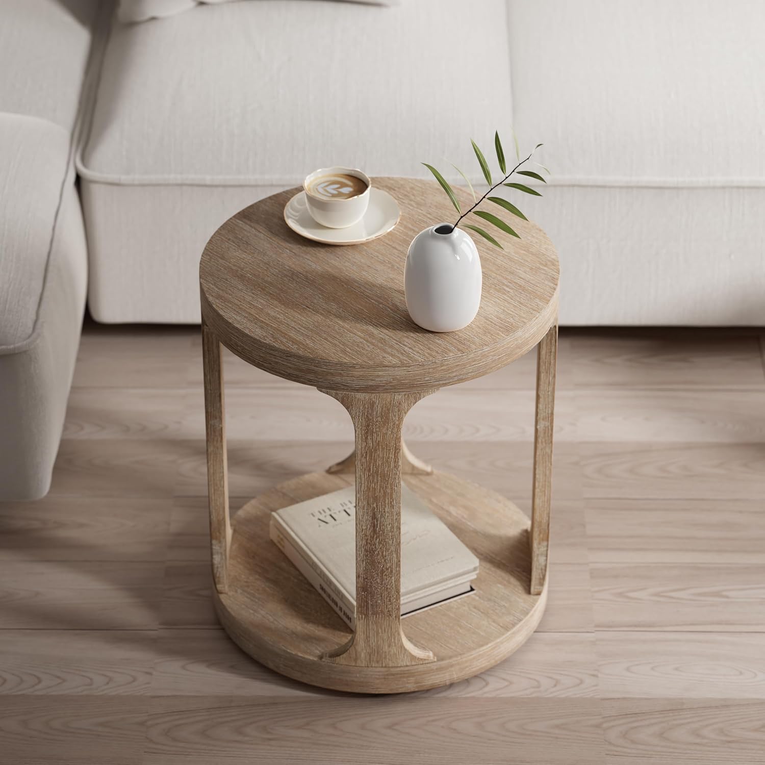 COZAYH Farmhouse Small End Table Wood Round Side Table for Small Space Rustic Pedestal Table for Living Room, Office, Couch, Distressed Wood Grey Finish