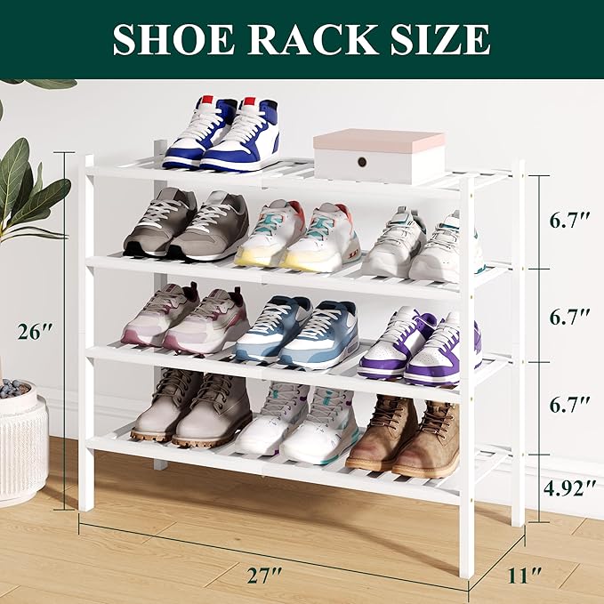 Smiry Bamboo Shoe Rack for Closet, 4 Tier Wooden Stackable Shoe Organizer, Free Standing Shoes Storage Shelf for Entryway, Front Door Entrance, White