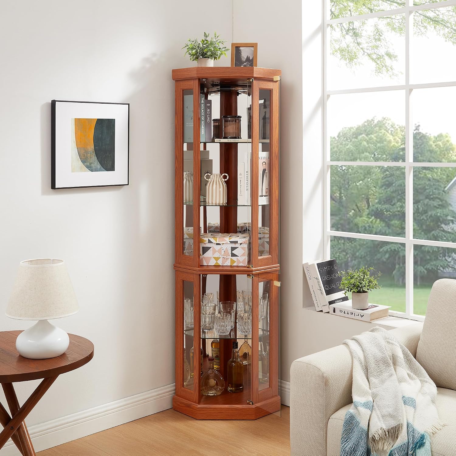 Tall Corner Cabinet with Glass Doors, Lighted Glass Display Curio Cabinet with Adjustable Shelves, Home Office Floor Standing Display Cabinets for Bar, Liquor Storage and Medal, Dark Oak