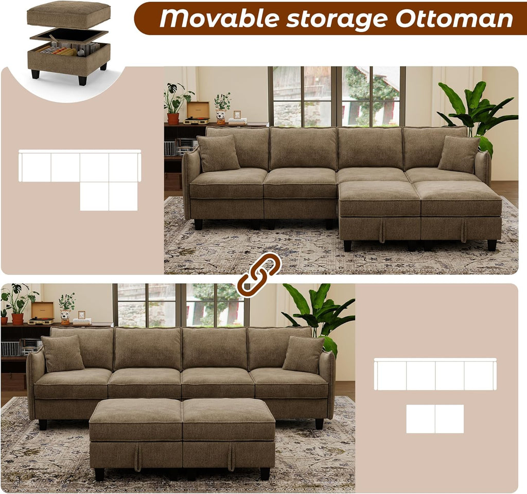 WorthFurni 112" Modular Sectional Sofa U Shape Couches with Storage Ottoman and Washable Cushion Cover for Living Room, Bedroom, Apartment(Brown)