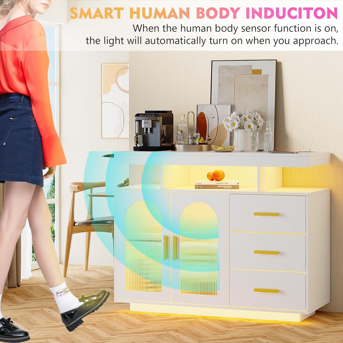40" LED Buffet Cabinet with Charging Station, Auto Sensor Kitchen Storage Cabinet with RGB 24 Color Lights, Coffee Bar Cabinet with 3 Drawers,Sideboard Buffet Cabinets for Living Room (White)