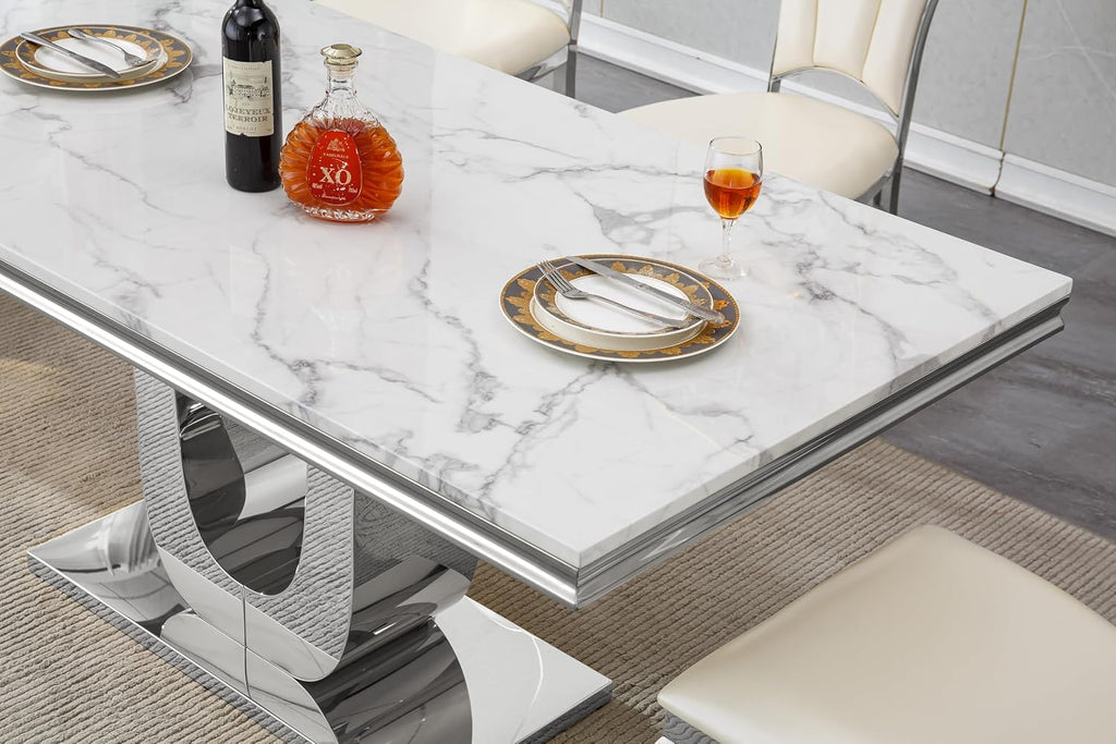SSLine Modern White Marble Dining Table for 6-8 Rectangle 68" Faux Marble Kitchen Table for 6 Luxury Dining Room Tables with Silver Mirrored Stainless Steel U-Shape Pedestal Base for Home Office