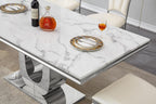 SSLine Modern White Marble Dining Table for 6-8 Rectangle 68" Faux Marble Kitchen Table for 6 Luxury Dining Room Tables with Silver Mirrored Stainless Steel U-Shape Pedestal Base for Home Office